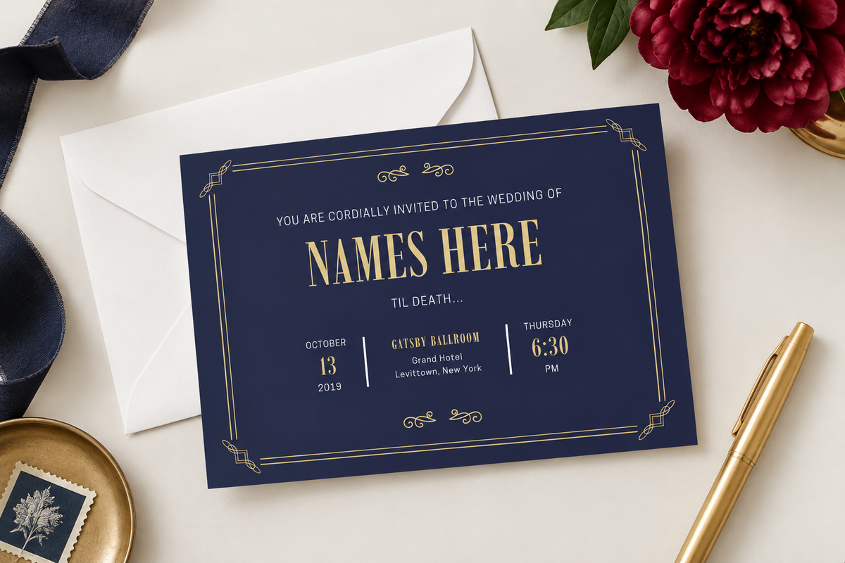 Art Deco Wedding Invitation Template | Navy & Gold Wedding Invitation | Editable Canva Template | Vintage Glam Wedding