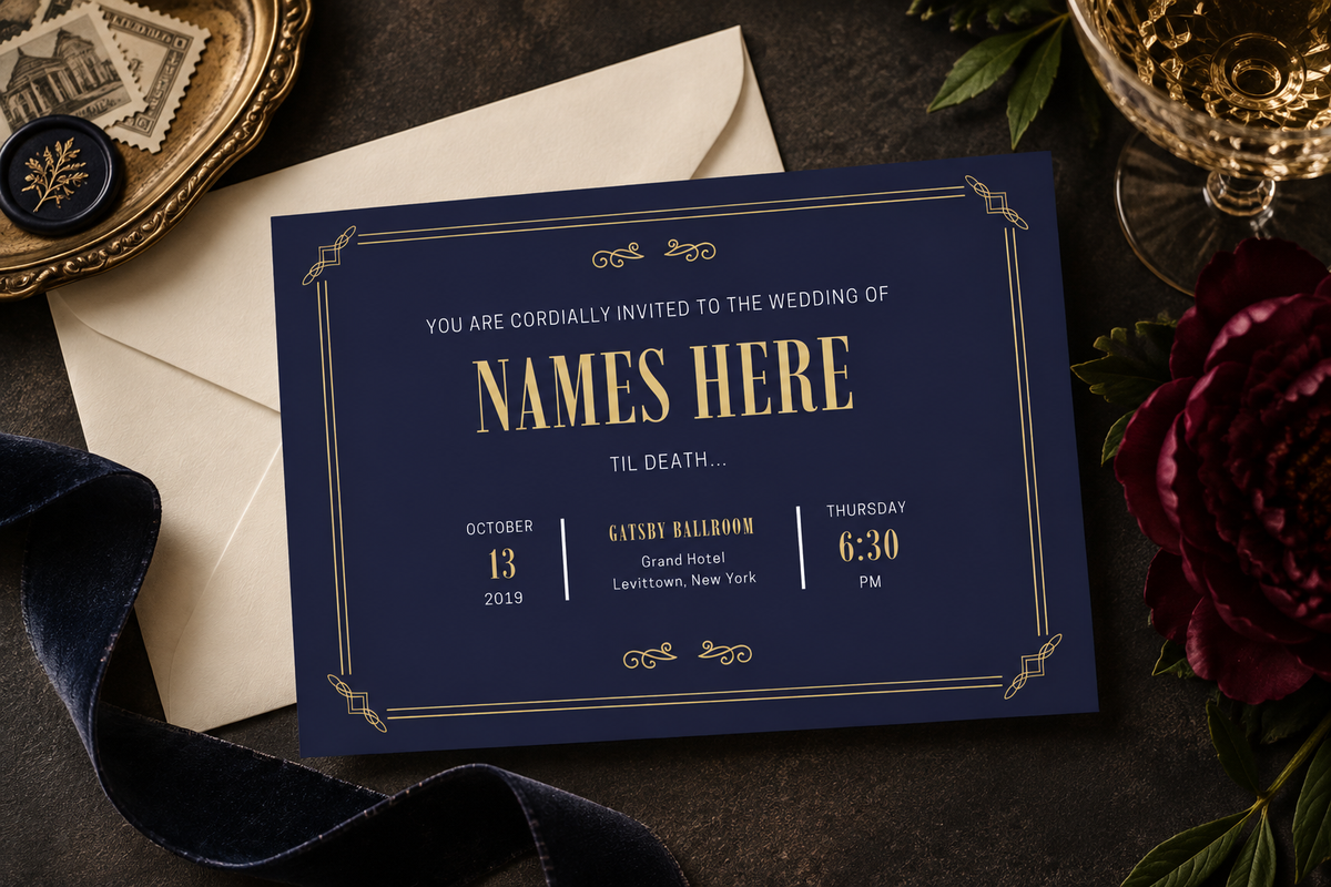 Art Deco Wedding Invitation Template | Navy & Gold Wedding Invitation | Editable Canva Template | Vintage Glam Wedding