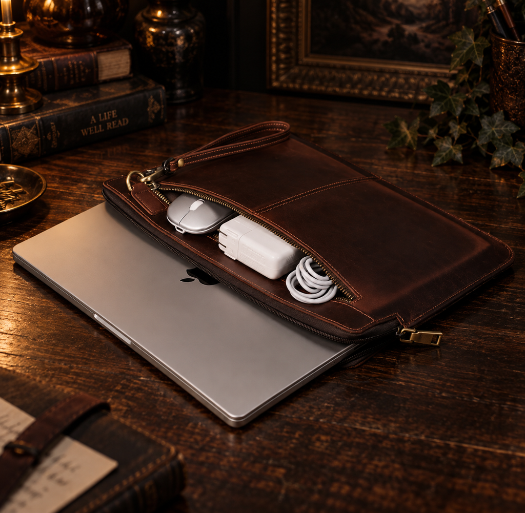 The Attaché | Genuine Leather Laptop Sleeve | Crazy Horse MacBook Case | Personalized Leather Laptop Case | Vintage Office Accessory