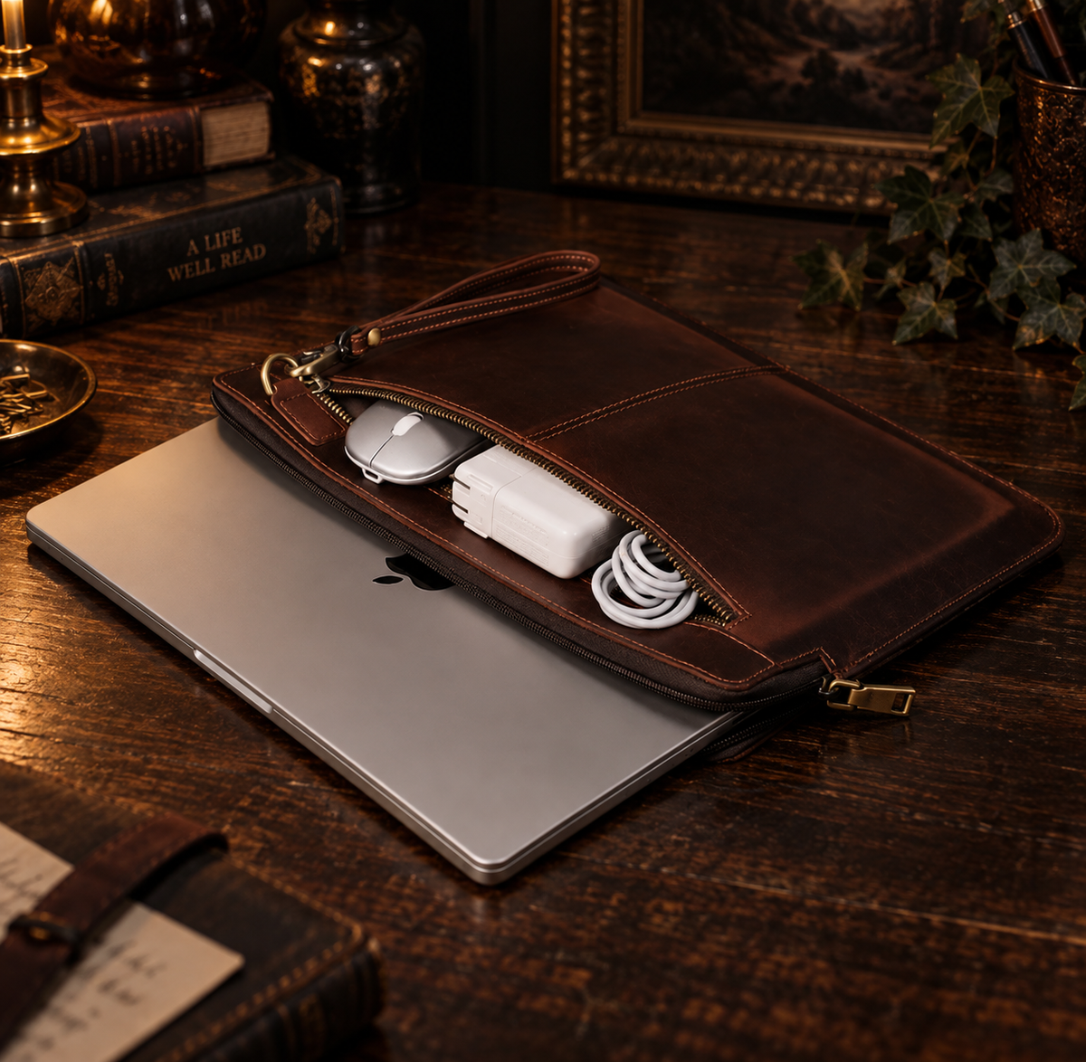 The Attaché | Genuine Leather Laptop Sleeve | Crazy Horse MacBook Case | Personalized Leather Laptop Case | Vintage Office Accessory