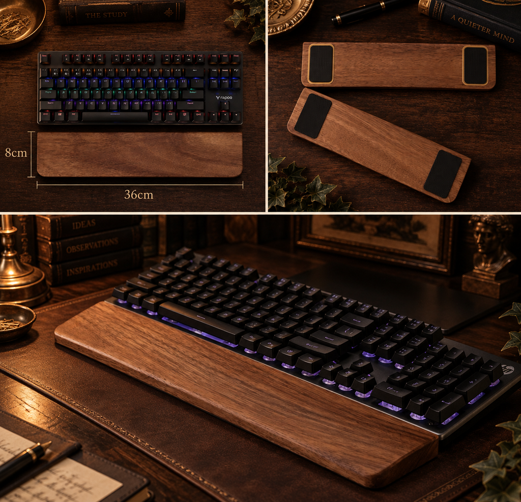 The Woodwright | Solid Walnut Keyboard Wrist Rest | Wooden Desk Accessory | Natural Wood Palm Rest | Dark Academia Office Decor