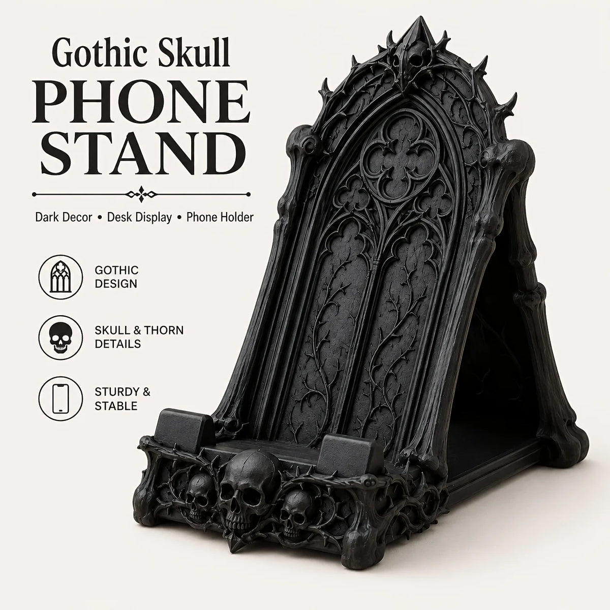 Gothic Phone Stand | Skull & Thorn Desk Accessory | Dark Academia Phone Holder | Gothic Office Decor