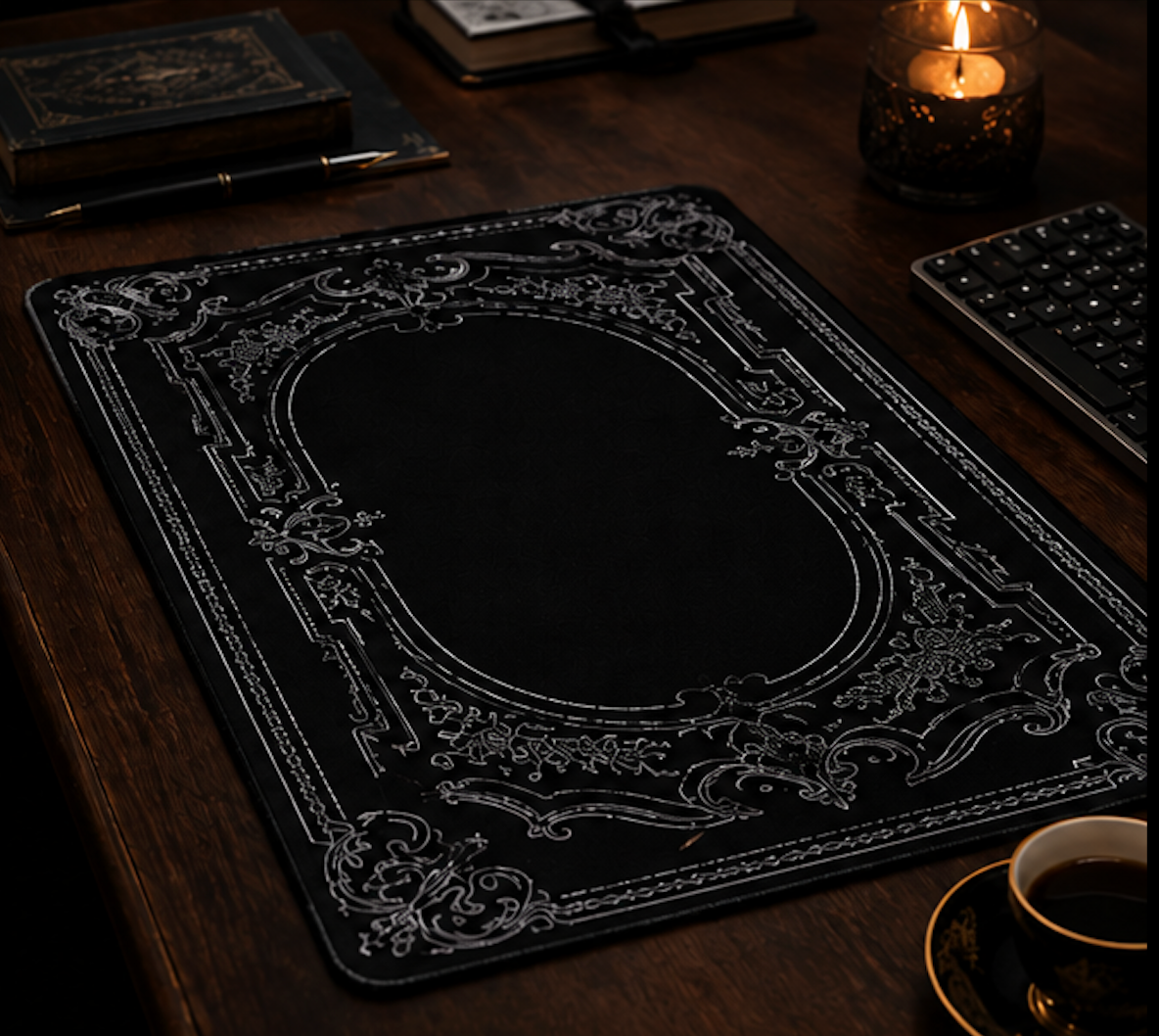 The Nocturne Desk Mat | Gothic Desk Pad | Ornate Black Keyboard & Mouse Mat | Vintage Office Decor