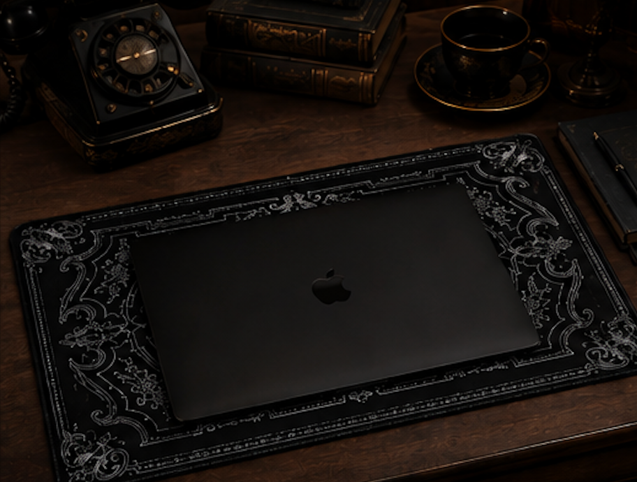 The Nocturne Desk Mat | Gothic Desk Pad | Ornate Black Keyboard & Mouse Mat | Vintage Office Decor
